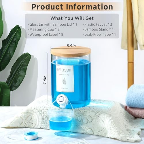 1 Glass Laundry Detergent Dispenser with Bamboo Lid - 120 Oz Liquid Detergent, Laundry Soap & Fabric Softener Dispenser for Laundry Room Organization and Storage with 1 Cups & 4 Labels - Image 2