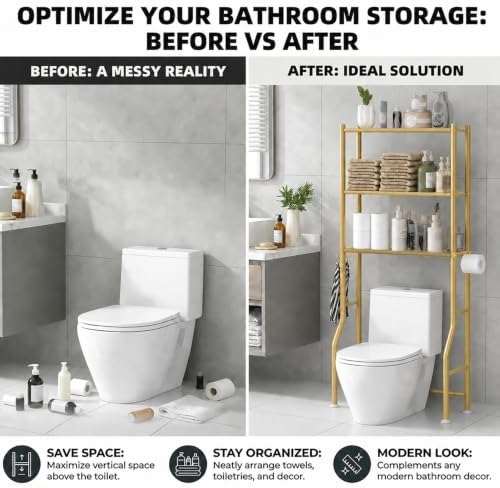 GloTika 3-Tier Over Toilet Storage, Anti-Tilt, 64" H, Gold - Image 5