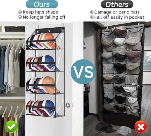 AOODA Clear Over the Door Hat Racks for Baseball Caps, Hold 48 Caps Hat Storage Organizer for Closet Wall, Deep Pockets Hanging Snapback Holder Shelves with 3 Hooks, Black - Image 2