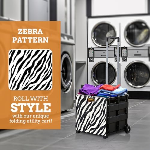 Inspired Living Ultra-Slim Rolling Collapsible Storage Pack-N-Roll Utility-carts, with Telescopic Handle, for Home, Garden, Shopping, Office, School use, Large, Zebra - Image 6