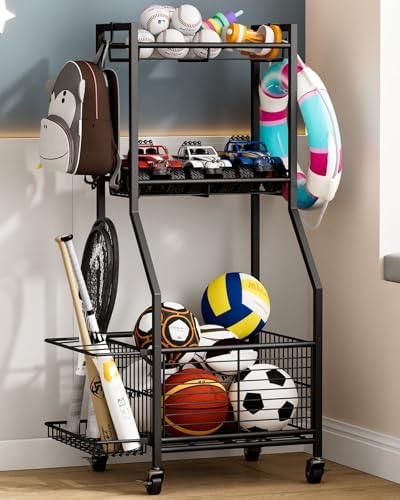 Sports Equipment Storage Rack with Wheels, 3-Tier Ball Organizer by Cerlyunzan
