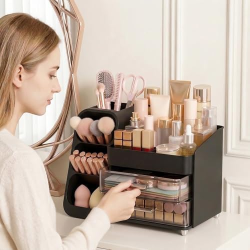 Large Capacity Makeup Organizer Countertop with Makeup Brush Holder for Vanity, Thickened Material, Bathroom Countertop Organizer Skin Care Perfumes Storage, Teen Girl Gifts for 12-23 Year（black） - Image 2