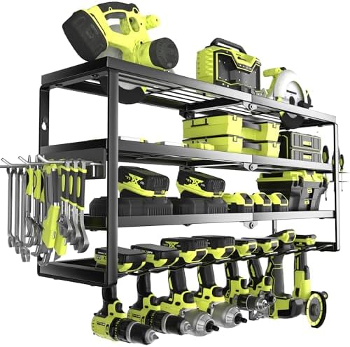 MOOMSINE 4 Layer Power Tool Organizer Wall Mount, Battery Tools Holder with Charging Station Shelf, Cordless Drill Hanger Storage Rack for Garage Organization, Workshop, Pegboard - 32 Inch 8 Slots by MOOMSINE
