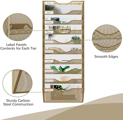 EasyPAG 10 Pocket Mesh Wall File Organizer, Hanging Paper Folder Holder with Classify Label, Vertical Wall Mount Mail Organizer for Office Home Classroom, Gold - Image 3