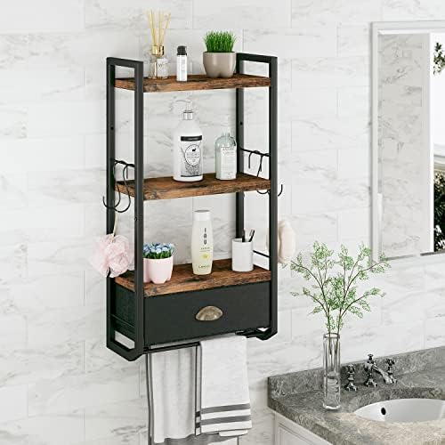 Bathroom Storage Organizer Wall Mounted, 3 Tier Bathroom Towel Rack Shelf with Storage Drawer Double Towel Bars and Hooks, Industrial Bathroom Shelves Over Toilet, Rustic Black and Brown (A) - Image 2
