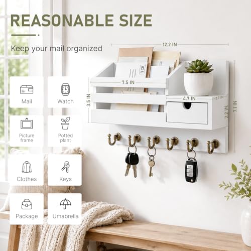 FifthQuarter Key and Mail Holder Wall Mount with Drawer and 6 Sturdy Hooks - Image 2