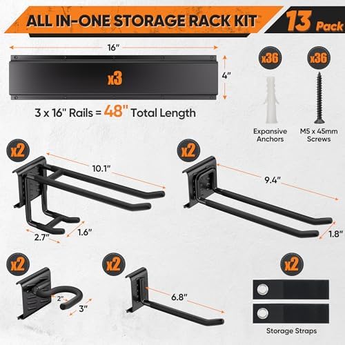 Garden Tool Organizer Wall Mount, 48 inches Tool Storage Rack with Adjustable Hooks, 600lbs Adjustable Heavy Duty Metal Hooks, Yard Shed Rack Holder System Hanging Rake Broom Mop, Father's day gifts - Image 2