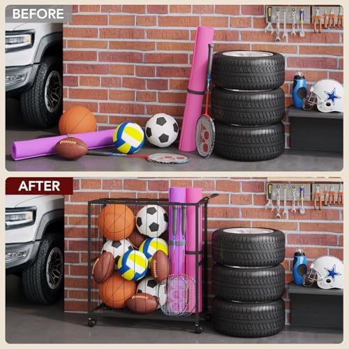 Homsorout Ball Storage Bin Rolling Sports Ball Cart, Black - Image 5