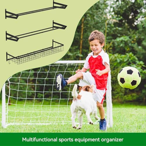 YBING Sports Equipment Organizer with 3 Separate Shelf, Ball Racks for Garage, Garage Sport Equipment Organizer with Hooks,Wall Mount Sports Holder Storage, Black - Image 6