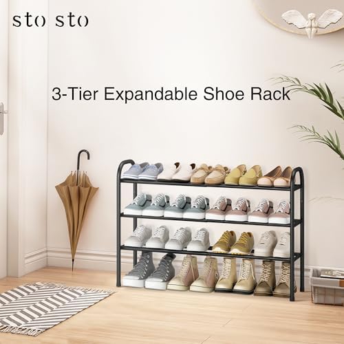 STO STO Expandable Shoe Rack, 3-Tier Metal Small Shoe Rack for Closet, Up to 16 Pairs Adjustable Shoes Racks Storage for Front Door Entrance, Free Standing Shoes Rack Organizer for Entryway, Black - Image 6