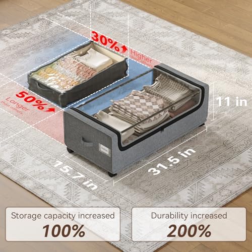 Under Bed Storage With Wheels, Tall Under The Bed Storage, Underbed Storage Containers With Lids, Metal Frame, 90L Capacity, Large Size - Image 5