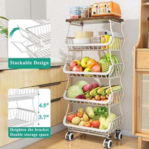 SAYZH 5-Tier Fruit and Vegetable Basket Stand for Kitchen, Wood Top, White - Image 2