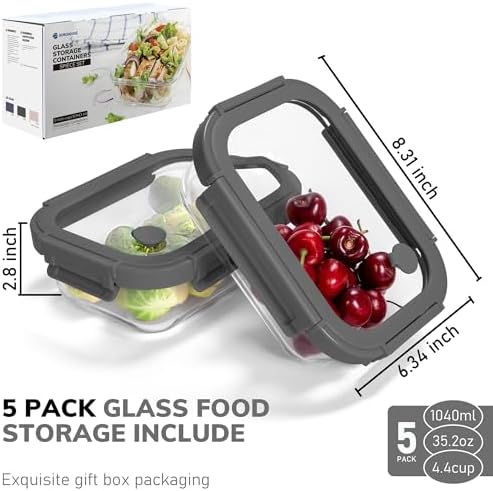 5-Pack Borosilicate Glass Containers with Tempered Glass Lids, 35.2oz/4.4 Cup Airtight Meal Prep Set, Microwave/Freezer Safe (Gray) - Image 2