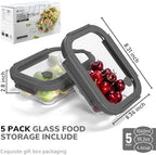 5-Pack Borosilicate Glass Containers with Tempered Glass Lids, 35.2oz/4.4 Cup Airtight Meal Prep Set, Microwave/Freezer Safe (Gray) - Image 2