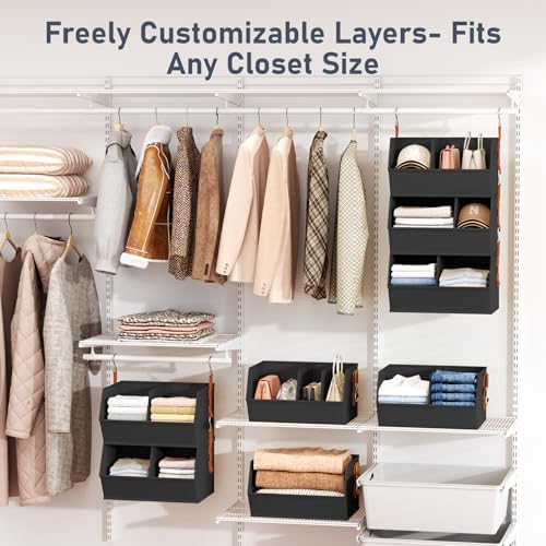 DIMJ Hanging Closet Organizer Extra Large, Clothes Hanging Shelves for Closet with Divider, Collapsible Closet Storage System, Fabric Storage Bins for Home, Black, 15.75 × 12.20 × 9.44, 3 Pack - Image 3