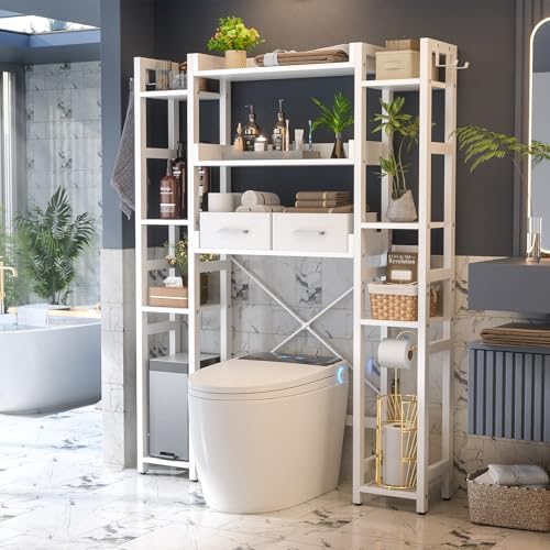 Besiost Over The Toilet Storage, 11 Tier Bathroom Organizer with Dual Side Racks and 2 Fabric Drawers, Adjustable Freestanding Rack Space Saver for Small Spaces, White - Image 2