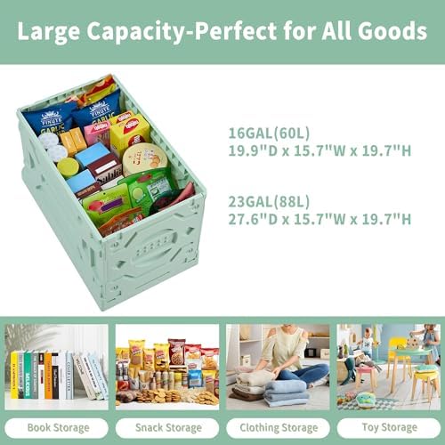 VECELO Foldable Shopping Cart with Wheels, Collapsible Rolling Crate for Groceries, Folding Storage Box with Handle, Three Modes of Use, Ideal for Teacher, Trip, Outdoors, Etc., 23GAL, Green - Image 6