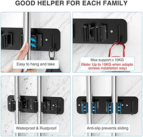homeasy Wall Mount Mop and Broom Holder, Heavy Duty Stainless Steel Organizer Rack with Hooks | 2-Pack, 2-in-1 No Drill & Screw Installation, Black - Image 4