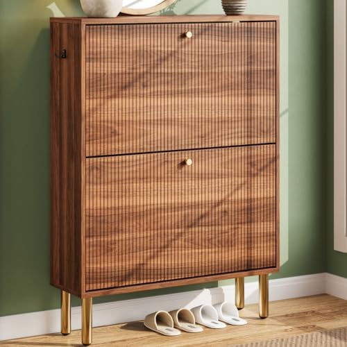Nicetree Shoe Storage Cabinet for Entryway - 2 Flip Drawers Shoe Cabinet with Tiered Fluted Design - Slim Shoe Storage Rack with Gold Legs - Narrow Shoe Cabinet Hidden Shoe Organizer for Small Spaces by Nicetree