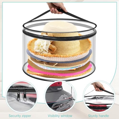 Aliceset 2 Pcs Oversized Clear Hat Boxes Storage Hard Plastic Zipper Case for Women, Holds up to 7 Caps Cowboy Hat Organizer for Closet, Wide Brims Case with Carrying Handles (Black) - Image 3
