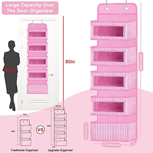 Over The Door Hanging Organizer with 5 Large Pockets - Wall Mount Pantry Storage with 2 Big Metal Hooks for Baby Girl’s Diapers Closet, Bathroom, Nursery, Bedroom, Dorm, Baby, Kids Toys (Pink) - Image 2