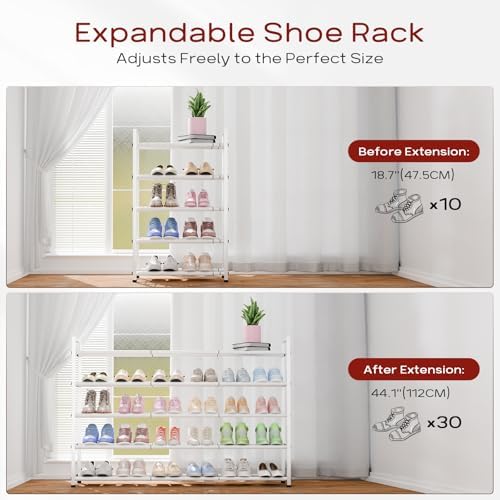 Bumusty 5 Tier Long Expandable Shoe Rack for Closet, White - Image 5