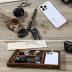Shinpuru Wooden Valet Tray for Men, Nightstand Organizer with Leather Inlay, EDC Essentials Catchall Tray for Keys, Phone, Wallet, Watch, Earbuds - Bedside Desk Entryway Tray (Wood-Pen) - Image 4