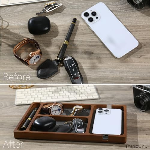 Shinpuru Wooden Valet Tray for Men, Nightstand Organizer with Leather Inlay, EDC Essentials Catchall Tray for Keys, Phone, Wallet, Watch, Earbuds - Bedside Desk Entryway Tray (Wood-Pen) - Image 4