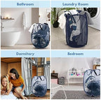 Pop Up Laundry Hamper, 70 L Collapsible Mesh Basket with Side Pocket, Blue - Image 6