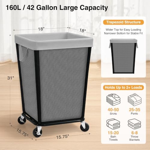 STO STO 160L Rolling Laundry Hamper with Wheels, Laundry Basket, Gray - Image 5