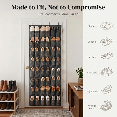 48 Pockets Over the Door Shoe Organizer, Large Mesh Hanging Shoe Rack, 6-Column Heavy Duty Shoe Storage for Sneakers and Heels, Behind Door Holder for Entryway Bedroom Dorm College, Black - Image 6