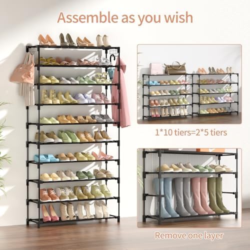 LANTEFUL 10 Tiers Shoe Rack Large Capacity Tall Shoe Organizer Sturdy Shoe Storage with Two Hooks Space Saving Metal Wide Shoe Rack for Closet, Entryway, Bedroom, Black - Image 5