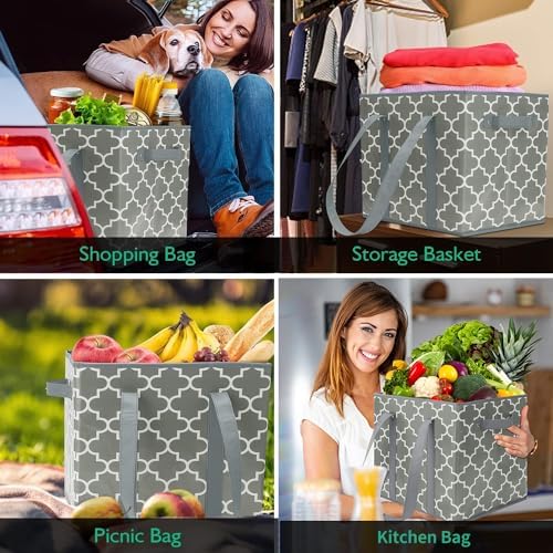 Reusable Grocery Bags 6-Pack Foldable Washable Large Storage Basket, Grey - Image 2