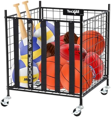 YES4ALL Rolling Ball Cart Storage with Lockable Wheels Volleyball Basketball Holder, Toy Balls Bin, Garage Cage, Storage Racks, Sports Equipment Organizer, Ball Rack for Outdoor Indoor Use by Yes4All