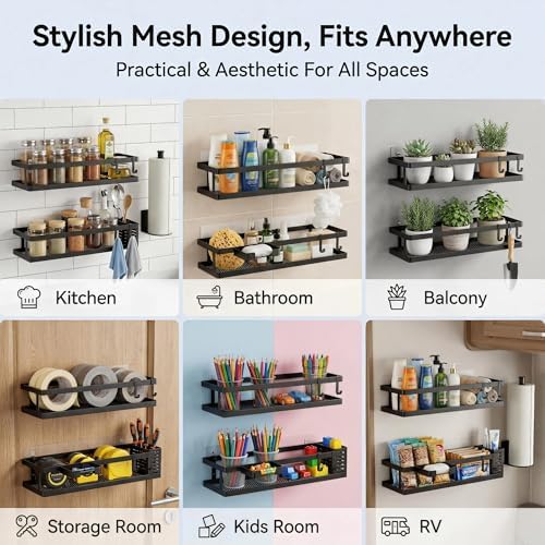 PUSDON 5-in-1 16.5" Extra Long Kitchen Organizer & Shower Caddy Set, Wall Mount Spice Rack with Paper Towel Holder, Utensil Holder & Soap Dish, Rustproof Mesh - Matte Black, Guardrail - Image 7