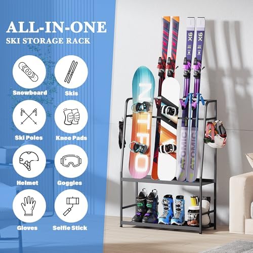Ski Rack for Garage,Freestanding Snowboard Rack for Ski,Snowboard, Ski Boot,Poles, Goggles, Helmet and More, Heavy Duty Steel Floor Stand Ski Organizer for Garage Basement - Image 3
