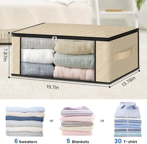 HomeHacks 3-Pack Clothes Organizer Storage Bags, 35L Storage Bins, Beige | Foldable Storage Box Container with Zippers, Clear Window, Reinforced Handles for Closet, Dorm, Pillows, Bedding, Sweater - Image 2