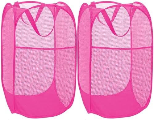2 Pack Sturdy Mesh Pop up Laundry Hamper Basket with Side Pocket for Laundry Room, Bathroom, Kids Room, College Dorm or Travel Blush by BATTOO