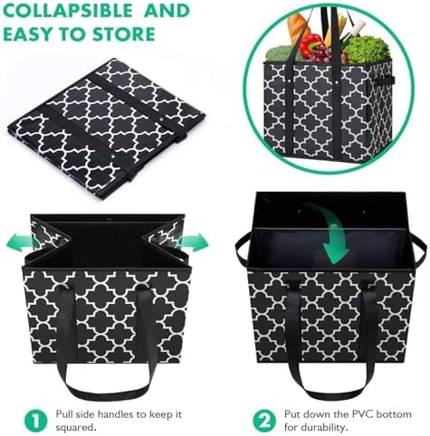 WISELIFE Reusable Grocery Bags 3-Pack Foldable Washable Large Storage Bins Basket Water Resistant Shopping Tote Bag Black - Image 5