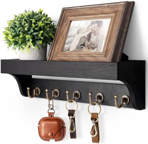 Rebee Vision Key Holder Wall Mount with Shelf & 5 Hooks for Entryway, Black by REBEEVISION