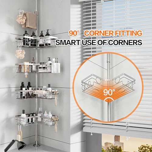 Corner Shower Caddy Tension Pole, Rustproof 4-Tier Adjustable 22-120 Inch Bathroom Storage Organizer with Towel Bar, Soap & Toothbrush Holders (Silver) - Image 4
