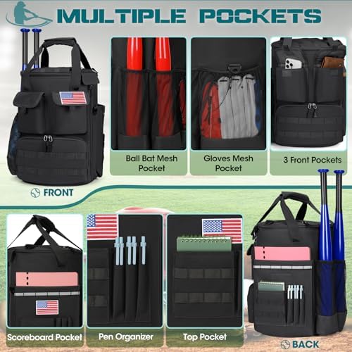 RAINSMORE Baseball Bucket Bag Baseball Coaches Accessories Organizer with Insulation Pocket Tactical Softball Bag with Anti-Slip Bottom, Multiple Pockets for Bat, Gloves, Scoreboards - Image 4