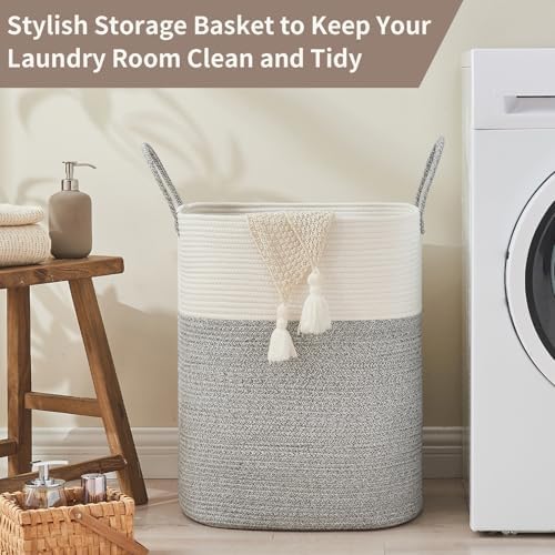 AINUOQI Laundry Basket with Handles - Blanket Basket & Hampers for Bedroom Aesthetic, Laundry Hamper & Blanket Storage for Living Room, Clothes Hamper, Tall,Large 21.7" x 16.9" x 11.8”, Light Grey - Image 5