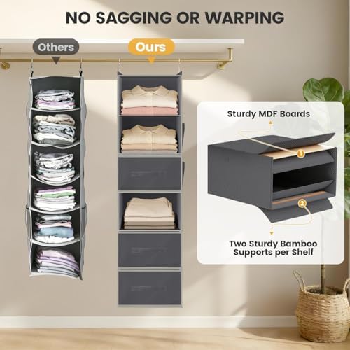 Hanging Closet Organizer 6-Shelf with 3 Drawers & Side Pockets, Closet Organizers and Storage for Dorm, Nursery & Wardrobe Organization, Hanging Shelf Clothes Organizer for Sweaters, Shoes, Gray - Image 4