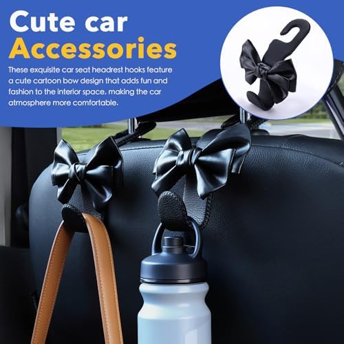 Car Seat Headrest Hooks, Leather Cute Bow Vehicle Hooks for Purses and Bags, Automotive Purse Hook Hanger Interior Decoration Accessories, Universal for SUV, Sedan, Truck (Black, 2 Pack) - Image 2
