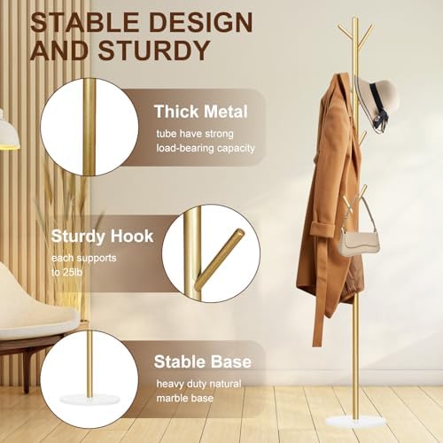Coat Rack, Metal Freestanding Coat Rack with 8 Hooks, Sturdy Coat Tree with Natural Marble Base for Coats, Hats, Scarves and Handbags for Entryway, Hallway, Bedroom, Office,Dorm (Gold) - Image 3