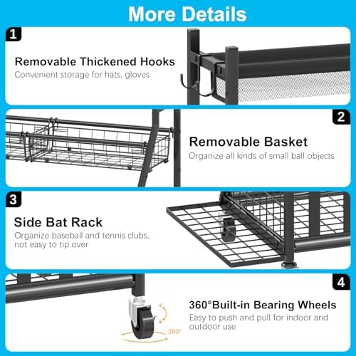 Jsskeeim Garage Sports Equipment Organizer,Sports Ball Organizer with Wheels,Mesh Pocket, Basket,Ball Organizer with Baseball Bat Rack and HooksToy Storage Rolling Cart-Black - Image 2