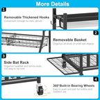 Jsskeeim Garage Sports Equipment Organizer,Sports Ball Organizer with Wheels,Mesh Pocket, Basket,Ball Organizer with Baseball Bat Rack and HooksToy Storage Rolling Cart-Black - Image 2