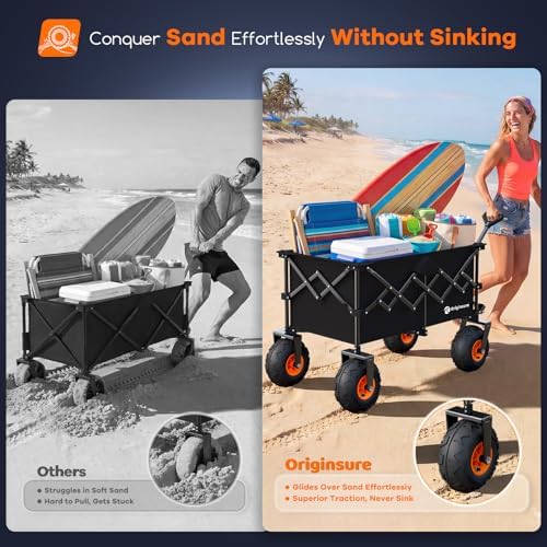Originsure 220L Collapsible Beach Wagon with Balloon Wheels, 460lbs, Black - Image 4