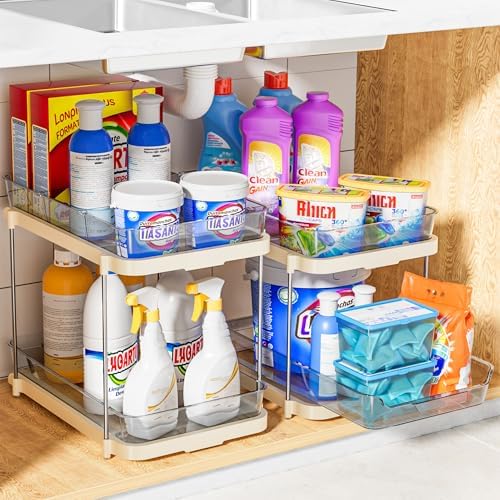Delamu 2-Tier Multi-Purpose Bathroom Under Sink Organizers and Storage, Stackable Kitchen Pantry Organization, Pull Out Medicine Cabinet Organizer with Movable Dividers, Beige, 2 Pack - Image 6